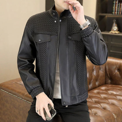 Men's Fashion Barley-Weave Leather Jacket